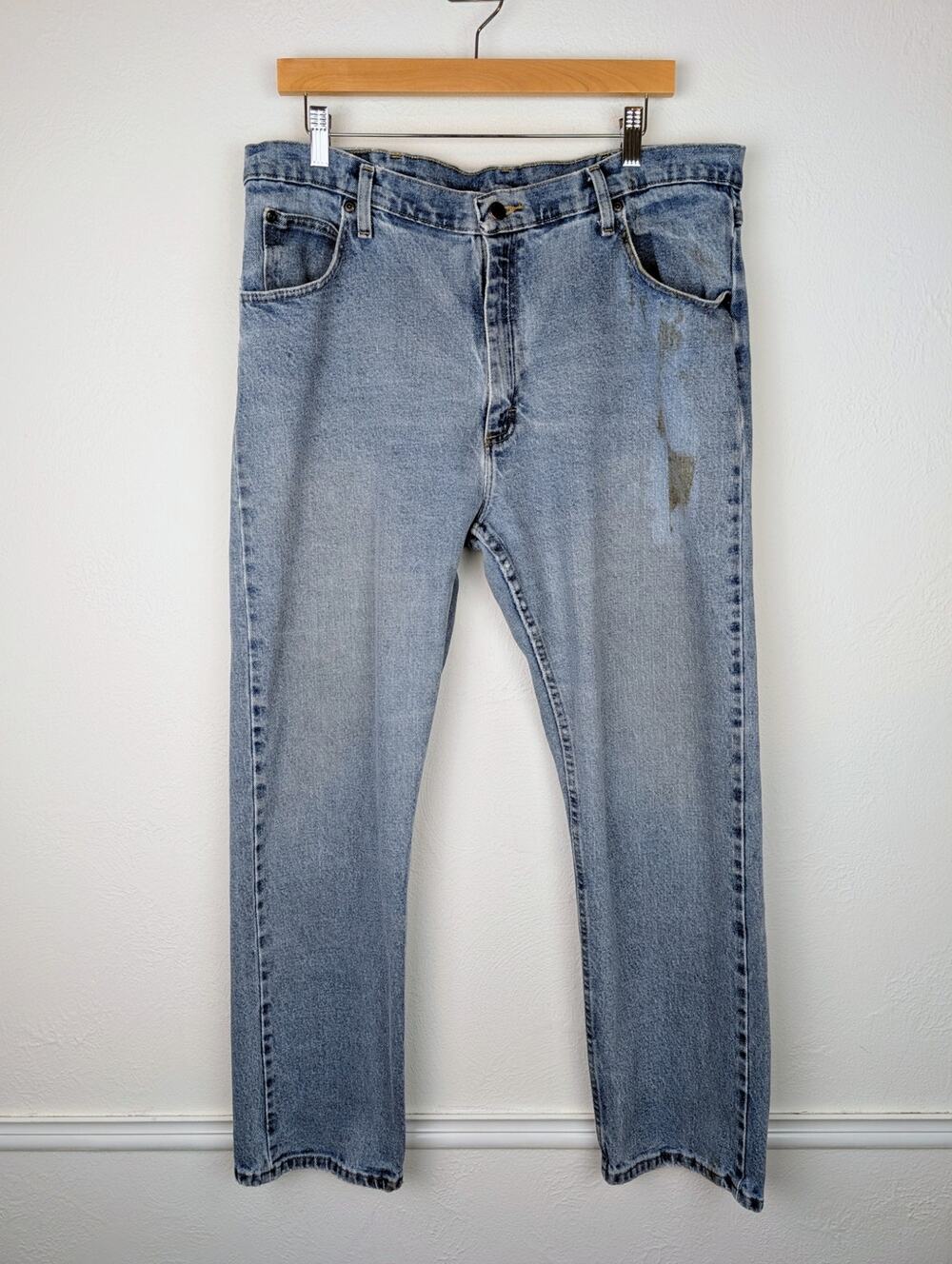 Wrangler Denim Jeans Straight Rugged Utility Work Western Light Blue Size 38x29
